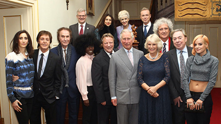 Sir Paul McCartney, Ray Davies, Laura Mvula, David Arnold, Howard Goodall, Gary Kemp, Howard Kretzmer, David Lowe, Their Royal Highnesses The Prince of Wales and The Duchess of Cornwall, Brian May, Andrew Lloyd Webber and Lily Allen at Clarence house